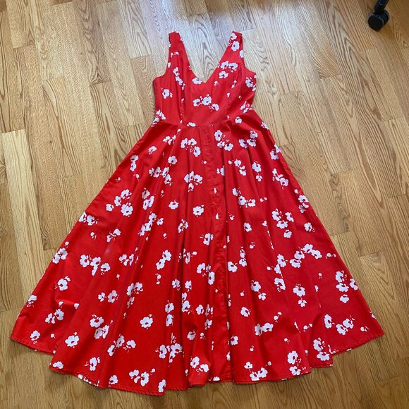 Vintage Dresses & Skirts - Vintage handmade red & white floral midi circle skirt sleeveless dress pockets